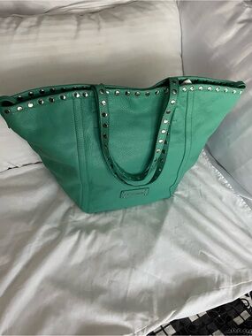 Stud-Trim Teal Pebble Leather Tote